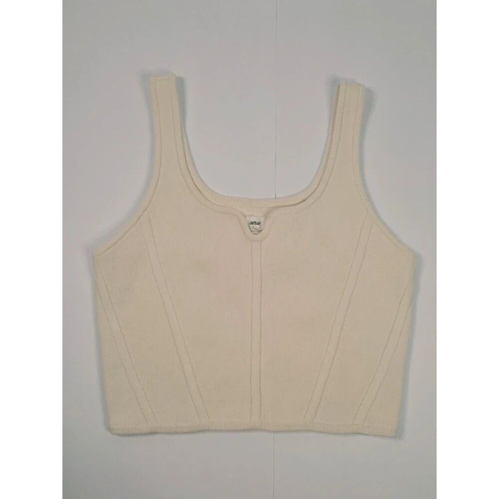 Aerie Women's Ribbed Knit Tank Top Size Large Cream Off-White Notched Neck